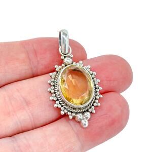 Vintage Sterling Silver 925 Caviar Dot Framed Oval Citrine Dangle Pendant